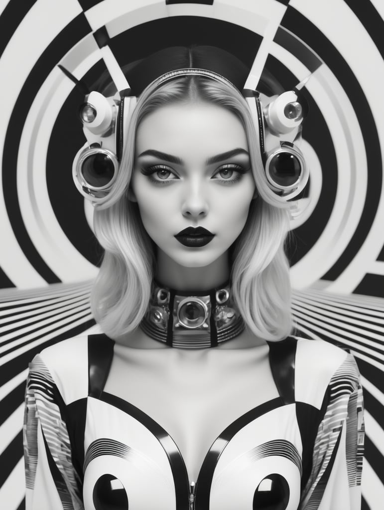 Cute girl model, retro futurist of high fashion, made in symmetrical black and white psychedelic style, black and white beauty, optical illusion, glitch art, flirty, shot on Canon