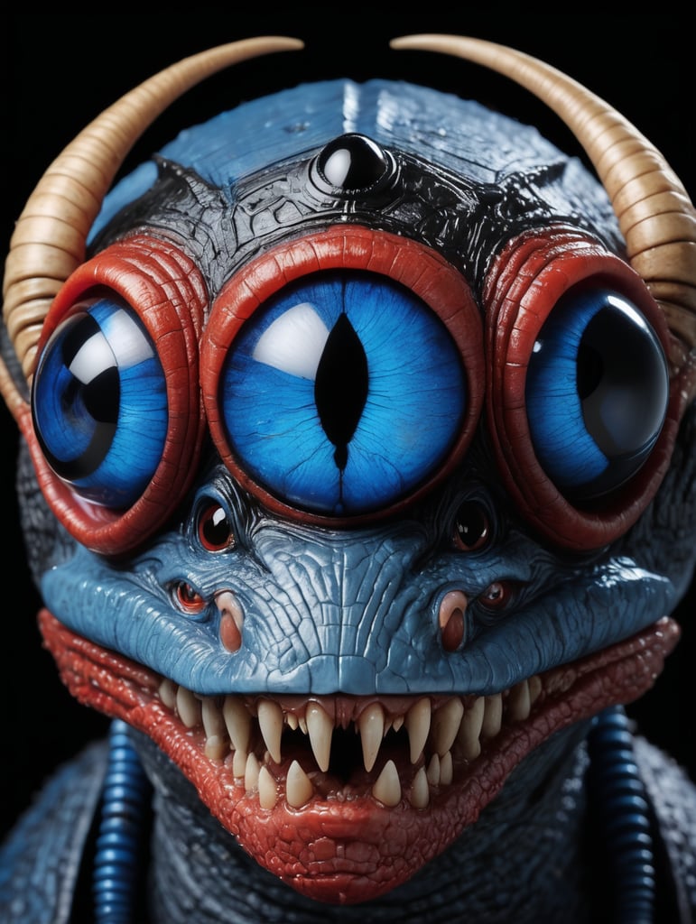 Termitor head, realistic, black background, a blue hue, head facing the camera, eyes not the red just a little bit