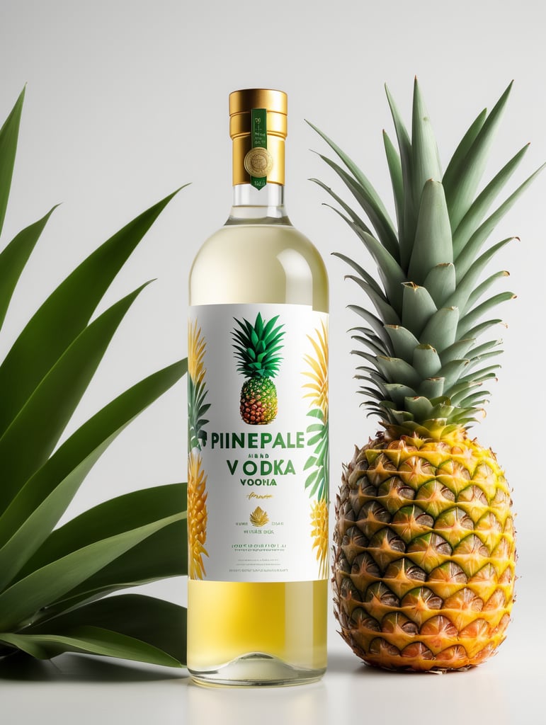 Packaging and branding for a pineapple vodka brand as if it had been designed by HI ESTUDIO with In a set design with pineapple, pineapple leaves, mockup