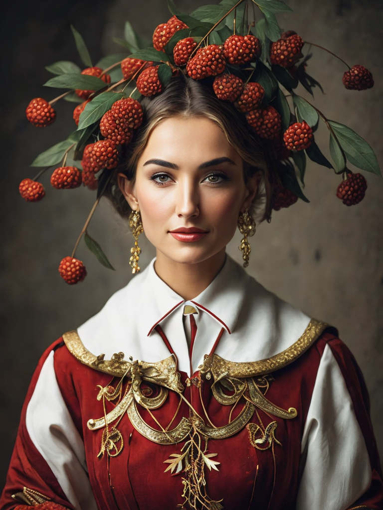 Portrait of a Beautiful women from Russian fairytale wearing traditional costume around bunches of rowan