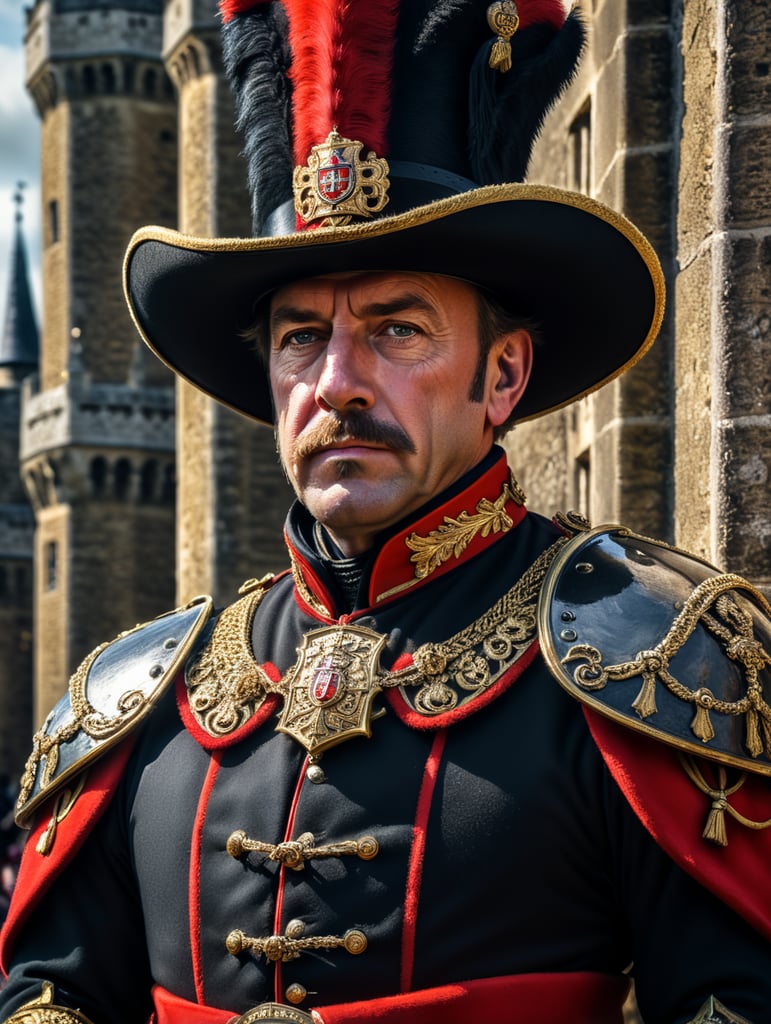 Portrait of a Beefeater man, ceremonial guard of the Tower of London.