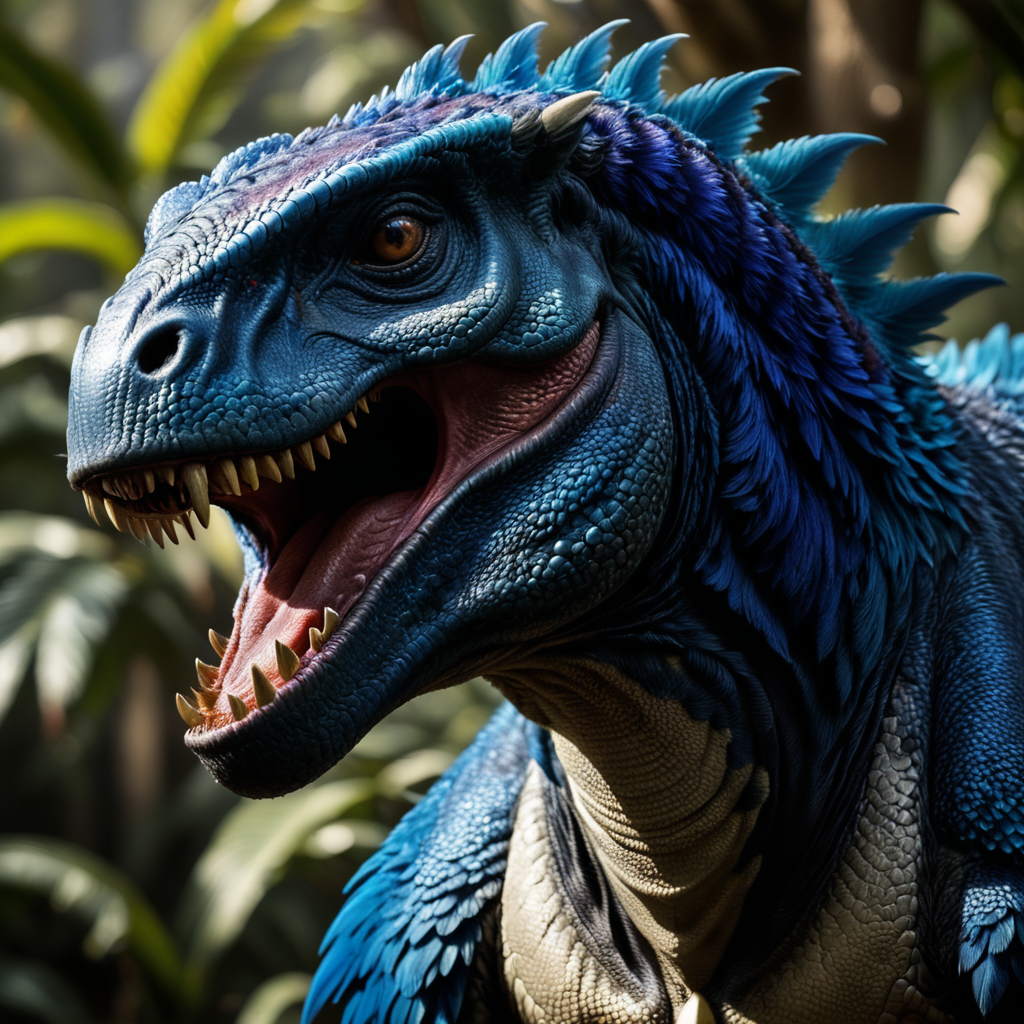 Blue feathered t-rex, Vibrant colors, Depth of field, Incredibly high detail, Blurred background