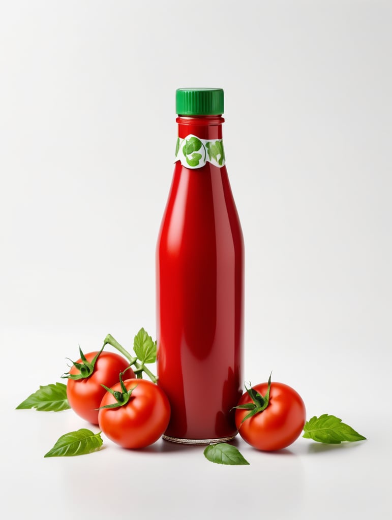 tomato ketchup bottle, red tomato with green leaves, isolated, white background