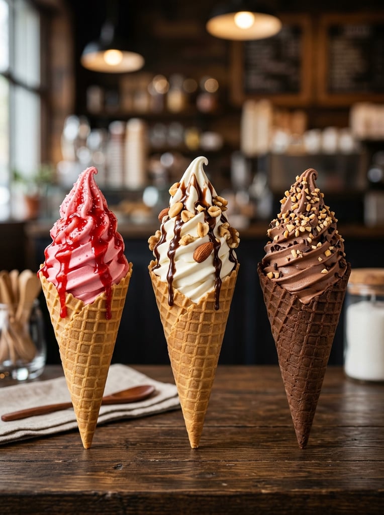 three soft serve waffle cones arranged centrally, left cone featuring pink swirl and red syrup, center white cone with chocolate drizzle and chopped nuts, right chocolate cone sprinkled with nuts, deep background, commercial food photography, macro studio lighting, glossy textures