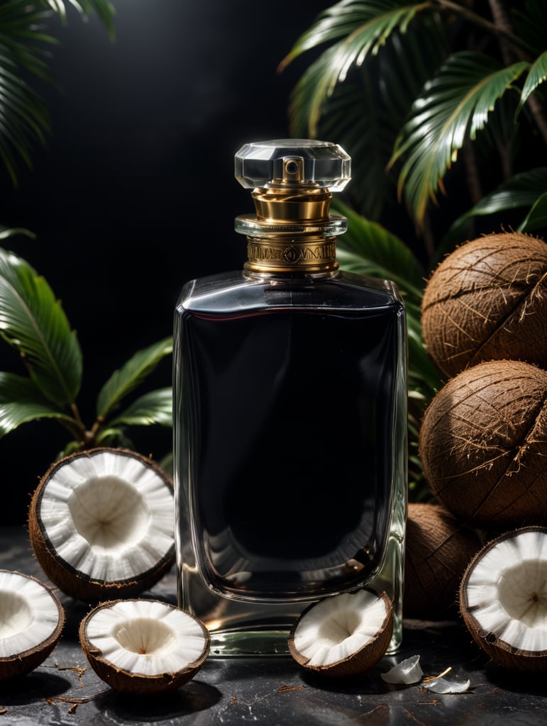 professional photography of a luxury perfume, square bottle, surrounding a coconut, no label, clear, mockup