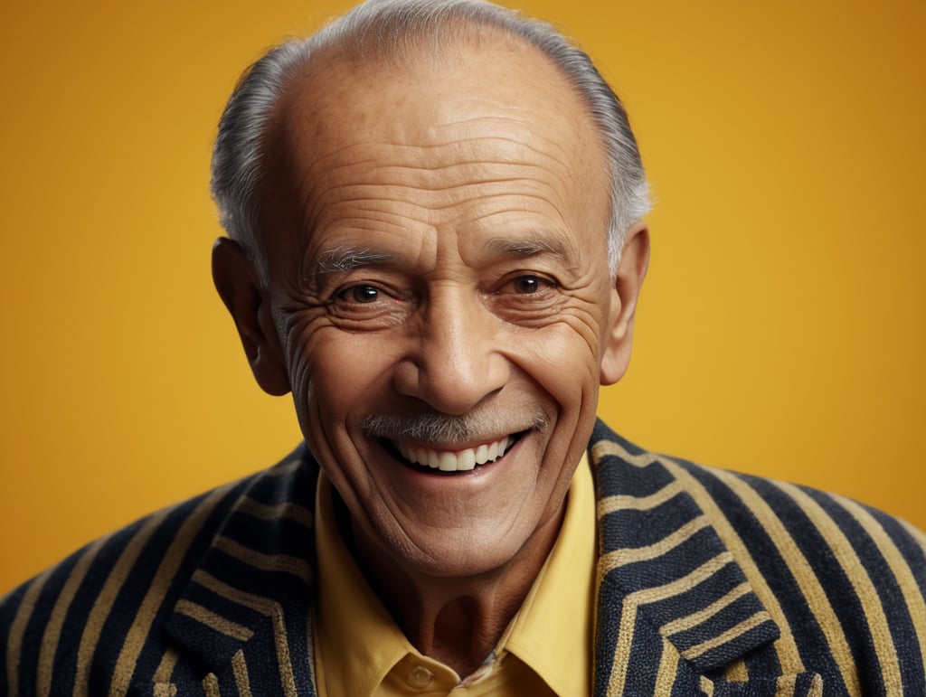 Smiling and cheerful old man in a striped jacket on an isolated yellow background