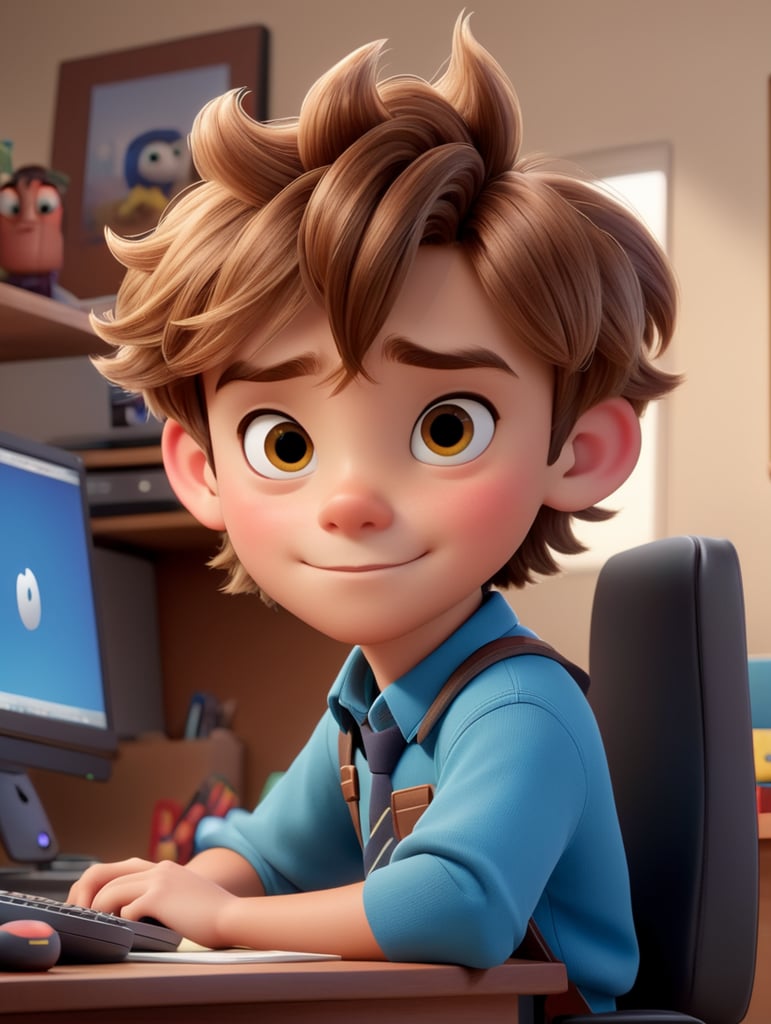 boy disney pixar style, light brown hair, in desk with computer
