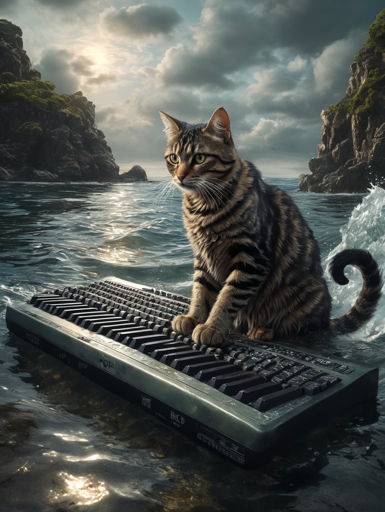 Cat holding a computer keyboard in the ocean