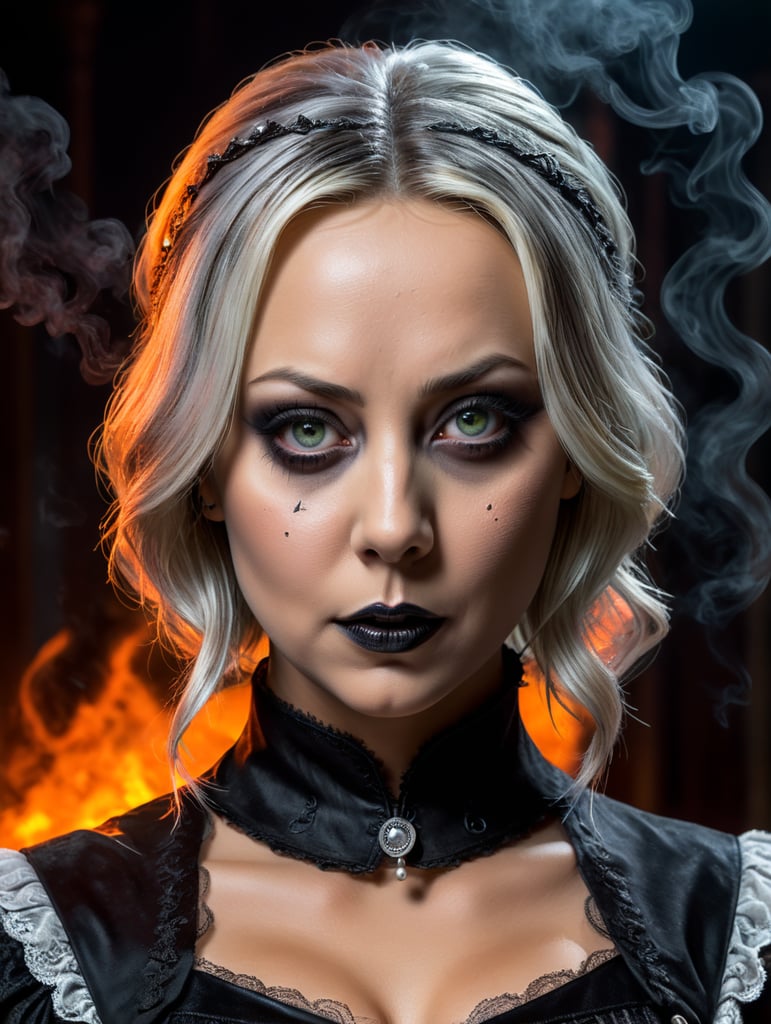 Photo of a hot and young Kaley Cuoco dressed as Wednesday from the Adams Family, halloween costume, grim atmosphere, smoke, Halloween, spookey, neon