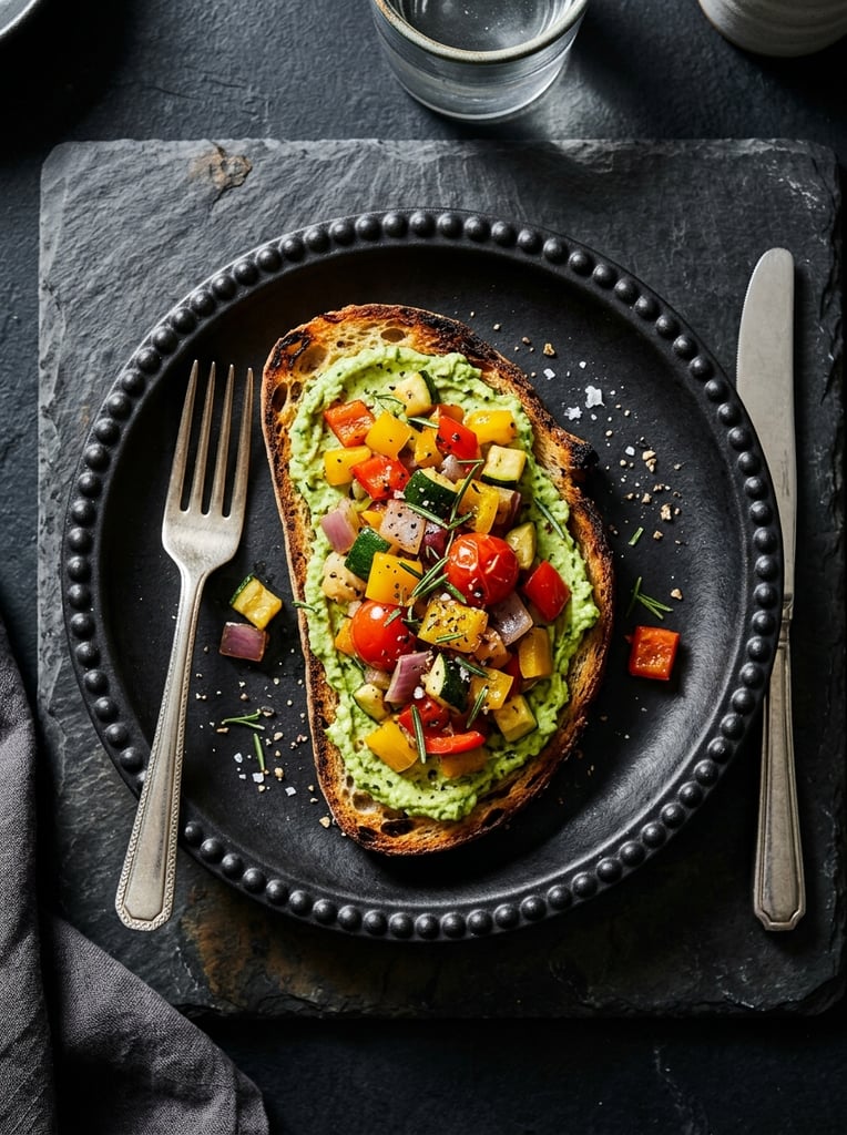 Toasted artisan bread with creamy green spread and diced mixed vegetables, topped with fresh rosemary and coarse black pepper, matte black textured ceramic plate with beaded rim, silver fork and knife, dark slate background, top-down food photography, dramatic directional lighting, high contrast