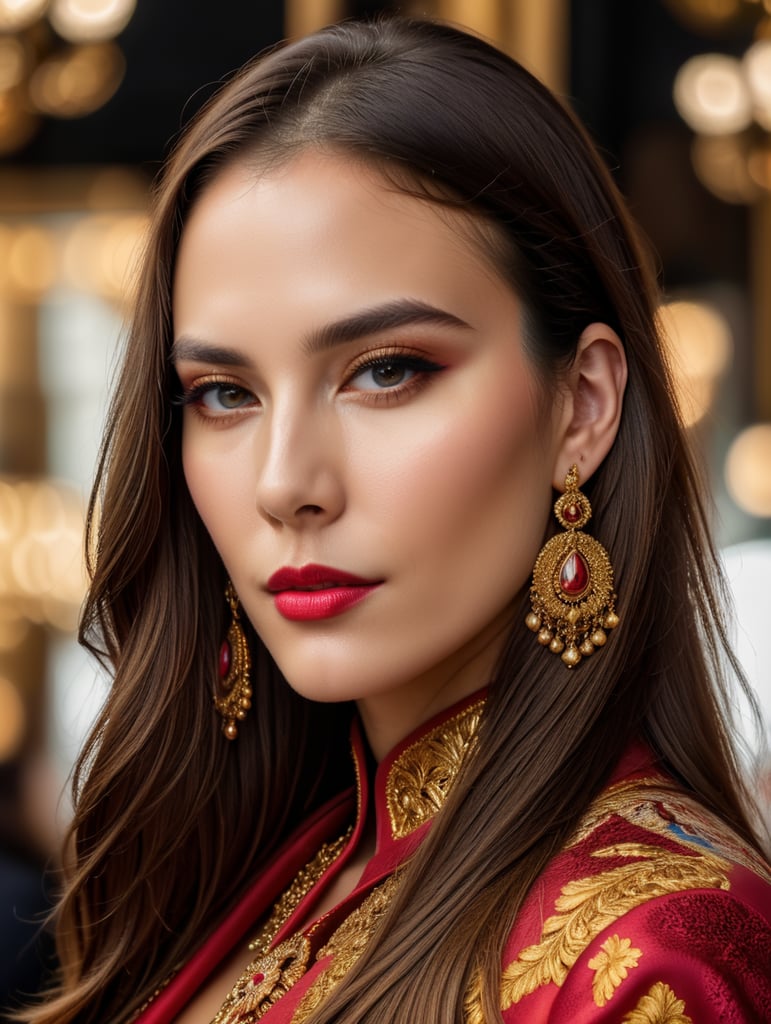 retrato de mujer muy atractiva con estilo extravagante, cabello largo lacio, ropa Gucci, dolce & Gabbana o versace, maquillaje cargado, gran detalle, textura, colores saturados, elegante, Vogue, revista de moda, enfoque nítido, maquillaje expresivo y brillante, luz dramática, profundidad de campo, fondo desenfocado