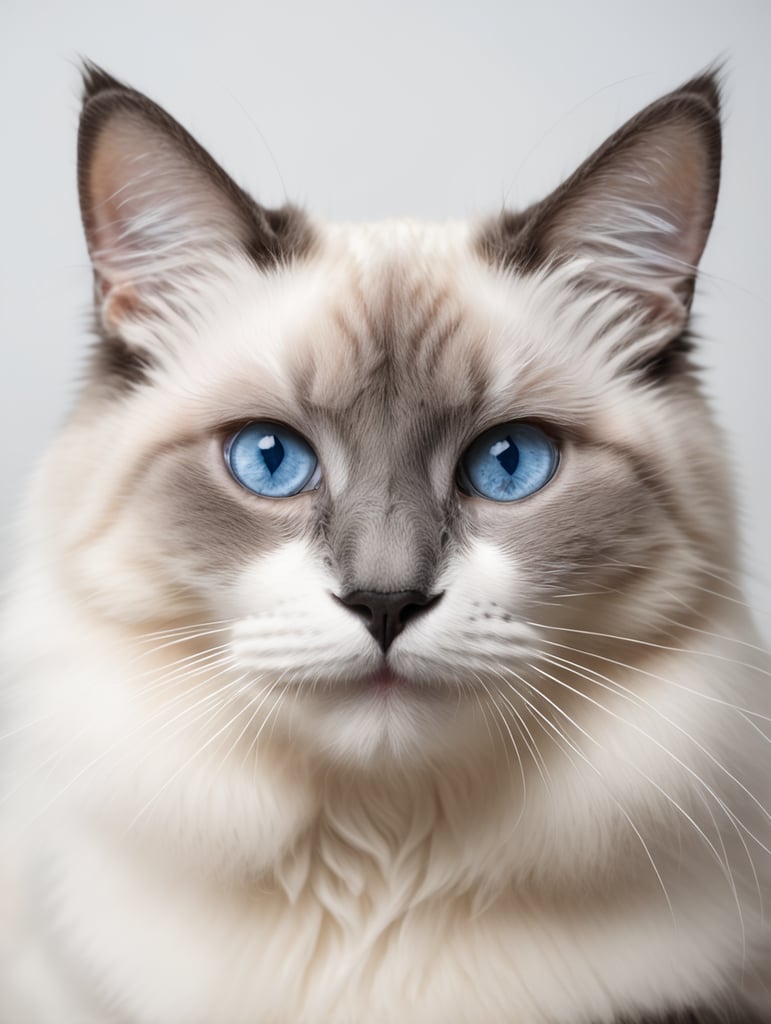 Ragdoll cat with blue eyes looking at the camera. Smiling face. Shot in studio on white background