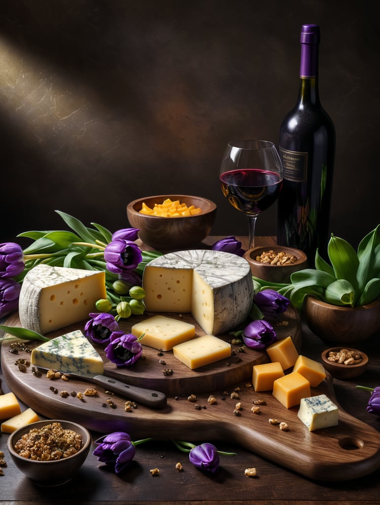 cheese board and purple tulips