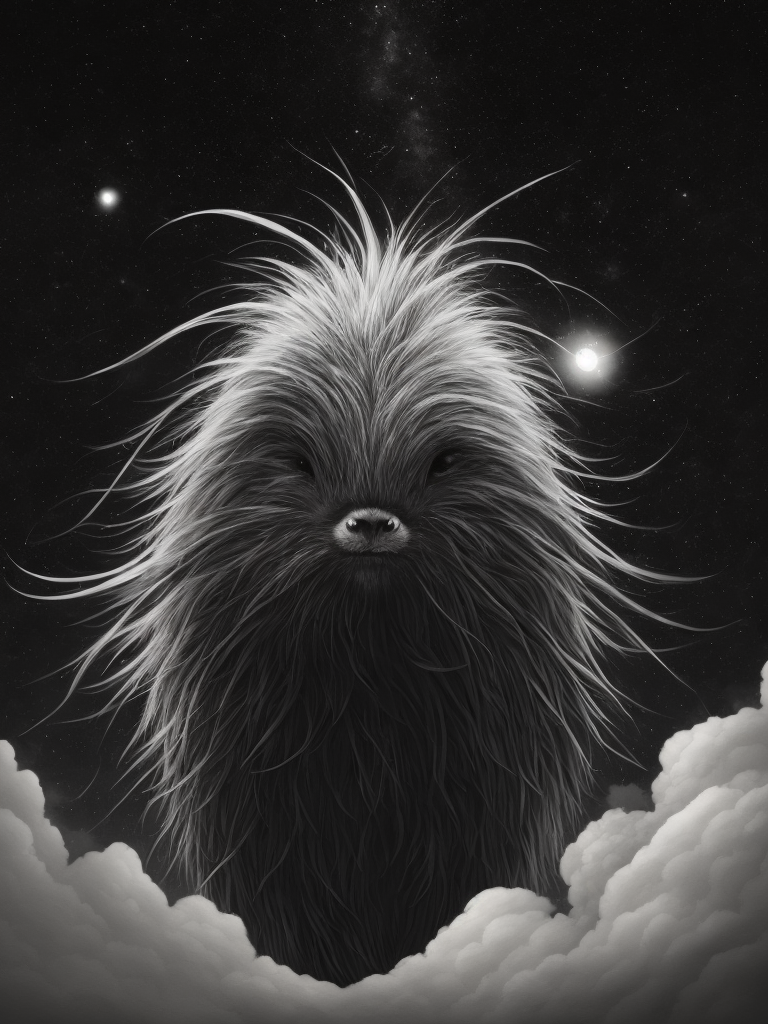 a funny character with long hair flying up through the stars, in the style of intricate black and white illustrations, animated gifs, furry art, whimsical yet eerie animal symbolism, patrick dougherty, kevin hill