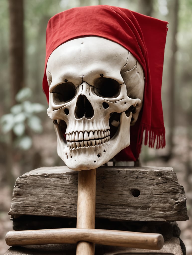 a head of a skeleton with a piece of red cloth over the eyes placed on a wooden stick in a shrine like manner
