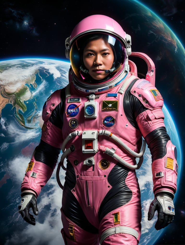 A Filipino person going to space, wearing pink color astronaut suit, Vivid saturated colors, Contrast light, studio photo, professional photo, Detailed image, floating on outside of a spaceship with Earth in the background.