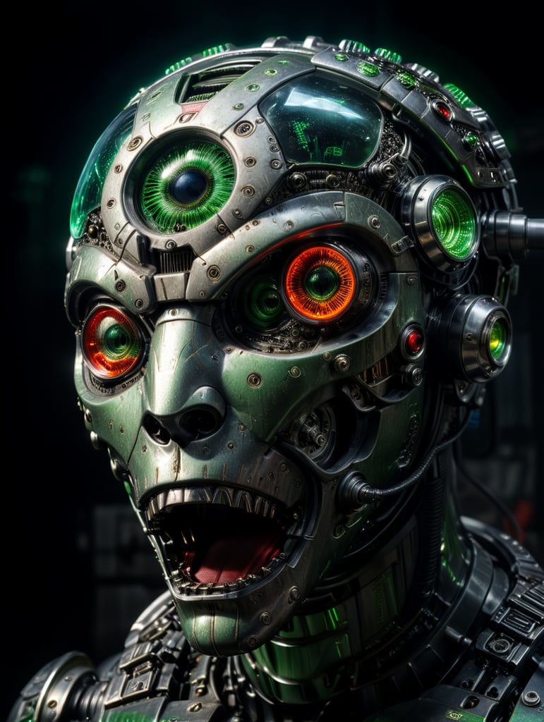 Imagine full view of of detailed mechanical parts, green neon lights, eyes made with camera lens, hyper realistic electric red, black, super luminal lumanistic, chrome colored, made of platinum, alien Reptilian Cryptid , in a transformer cyborg drinking steaming cup of coffee, sitting inside futuristic UFO Café