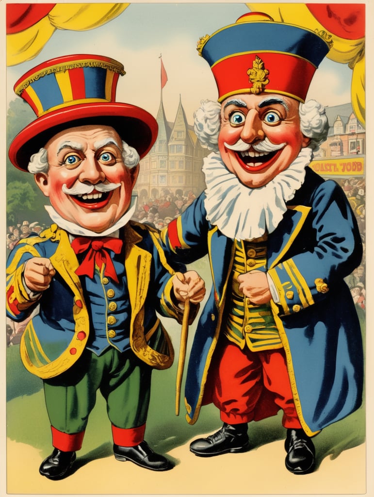 Illustration of a Punch and Judy puppets in the style of Donald Fraser Gould McGill and a Bamforth postcard
