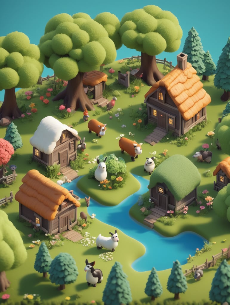 Detailed 3d farm island, fluffy trees, animals, working people, cute creatures, gathering place, flowers, game art style, 3d model, blender modeling, stylized, isometric, tinye style, cute, postcard style, miniatures