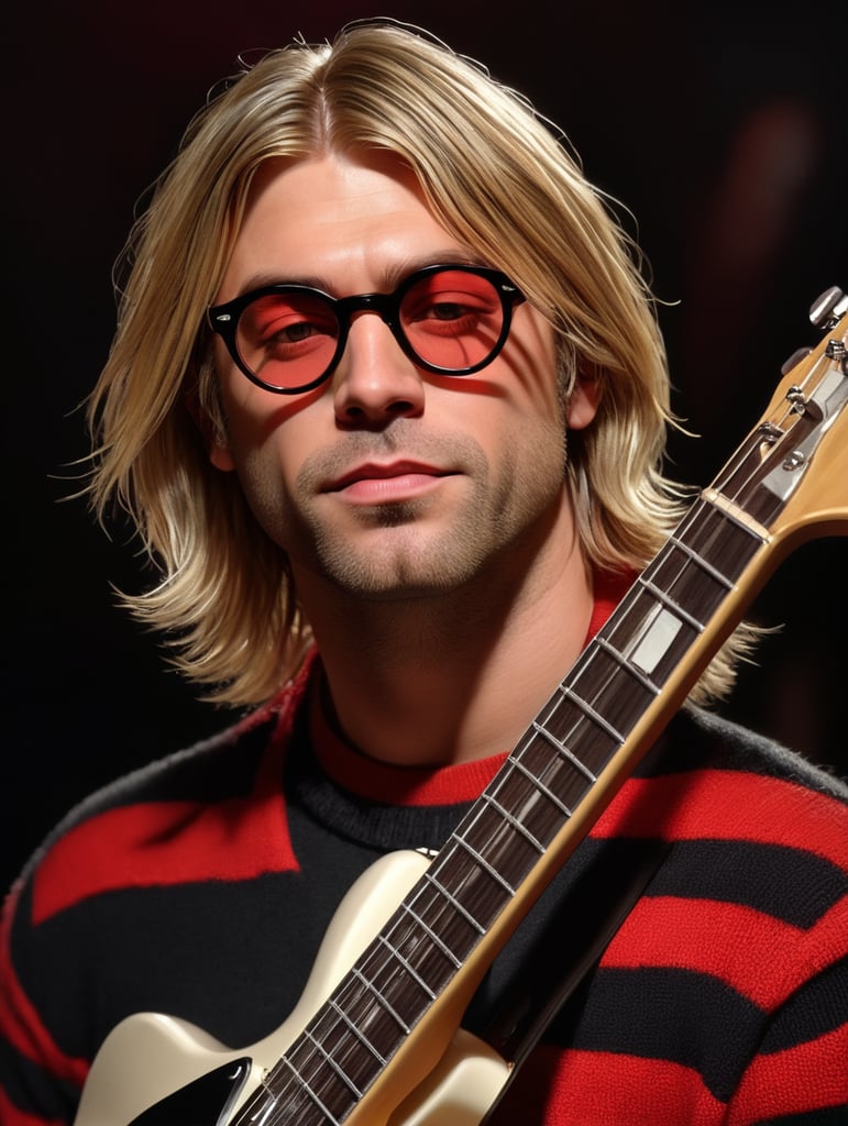 Kurt Cobain is wearing a black and red striped sweater, large oval glasses with thick white frames, with an electric guitar, Vivid saturated colors, Contrast light, studio photo, professional photo, Detailed image, detailed face