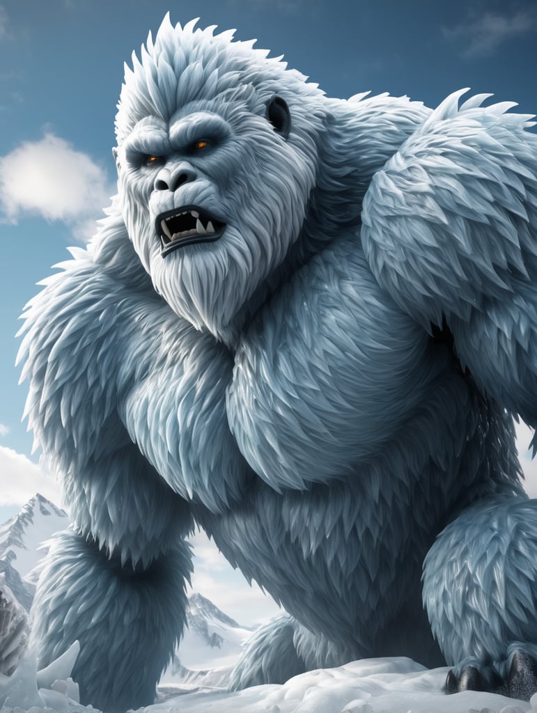 Glacial yeti description the glacial yeti is a towering ice creature that glistens with frost in 8k detail, watch as ice crystals form and shatter realistically as it moves through its frigid habitat