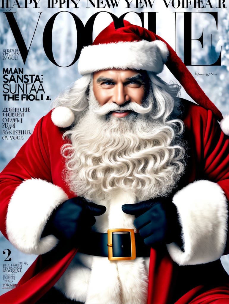 Happy New Year 2024, man Santa on the cover of Vogue