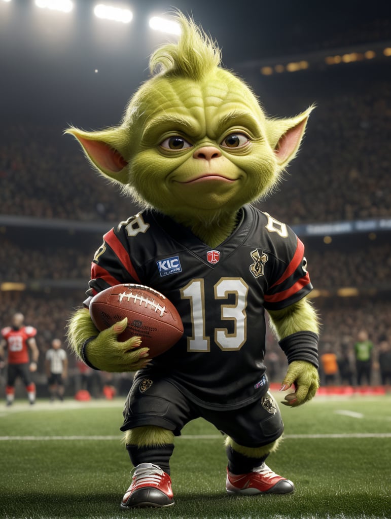 baby grinch wearing saints team jersey holding a football