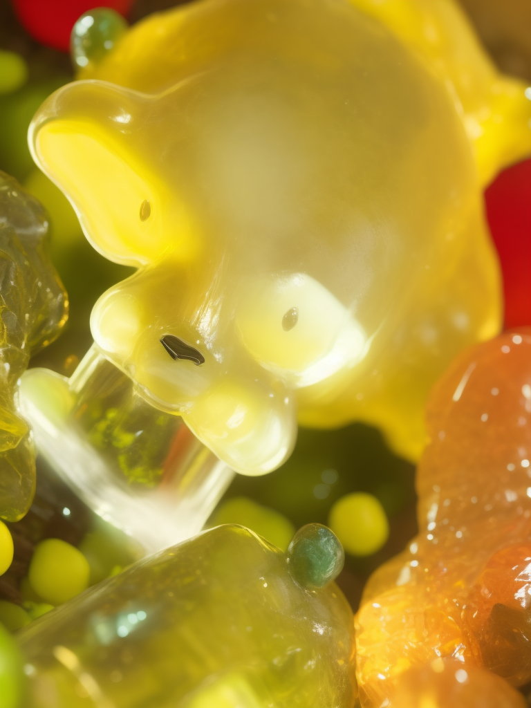 Green Haribo gummy bear in a Wonderland forest, bright and saturated colors, highly detailed, sharp focus, Dramatic Lighting, fairy tale