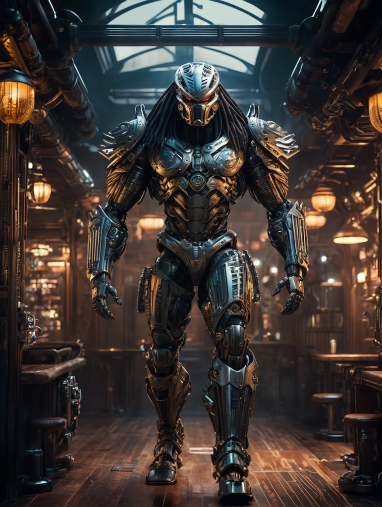 Predator biomechanic, full body cinematic style digital art render with mechanical and futuristic old pub