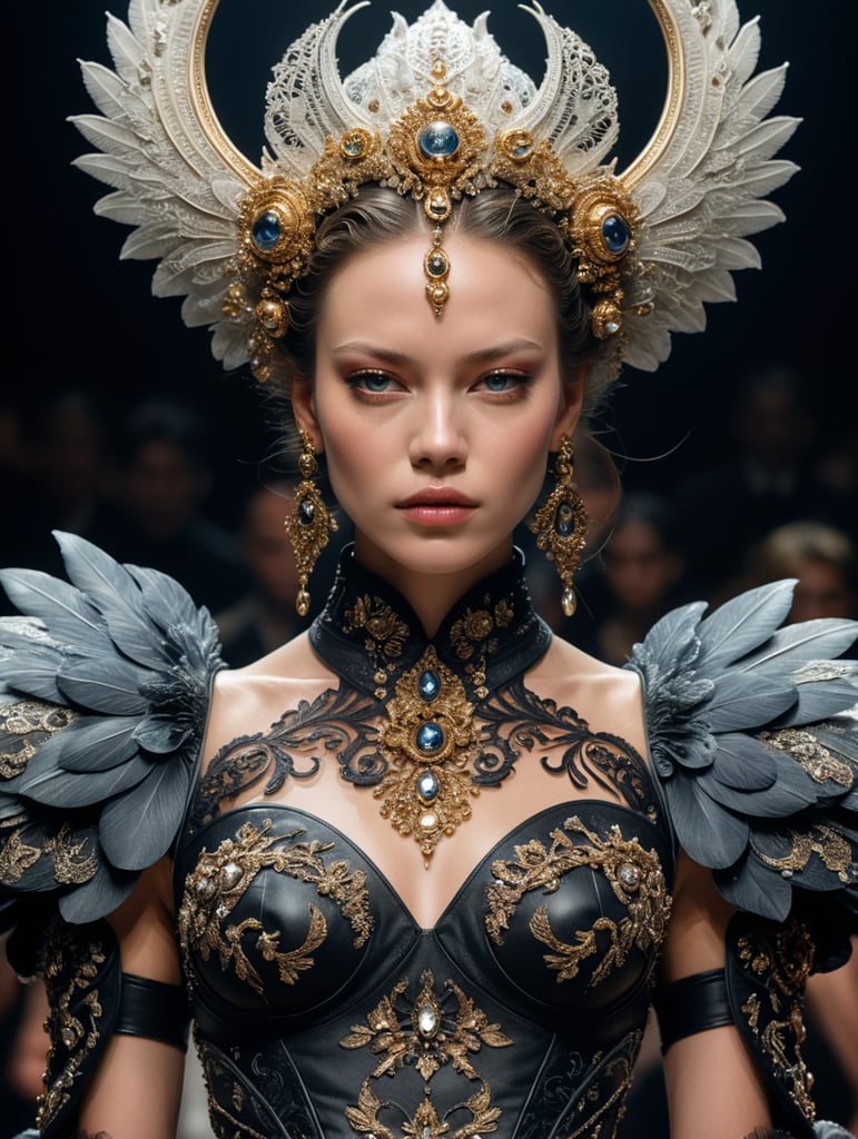 Fashion model walking down a catwalk, elaborate dress by alexander mcqueen, detailed face, beautiful feminine face, art by julia hetta and giampaolo sgura and pamela hanson and david roemer and mario testino and lara jade and tim walker and cole sprouse
