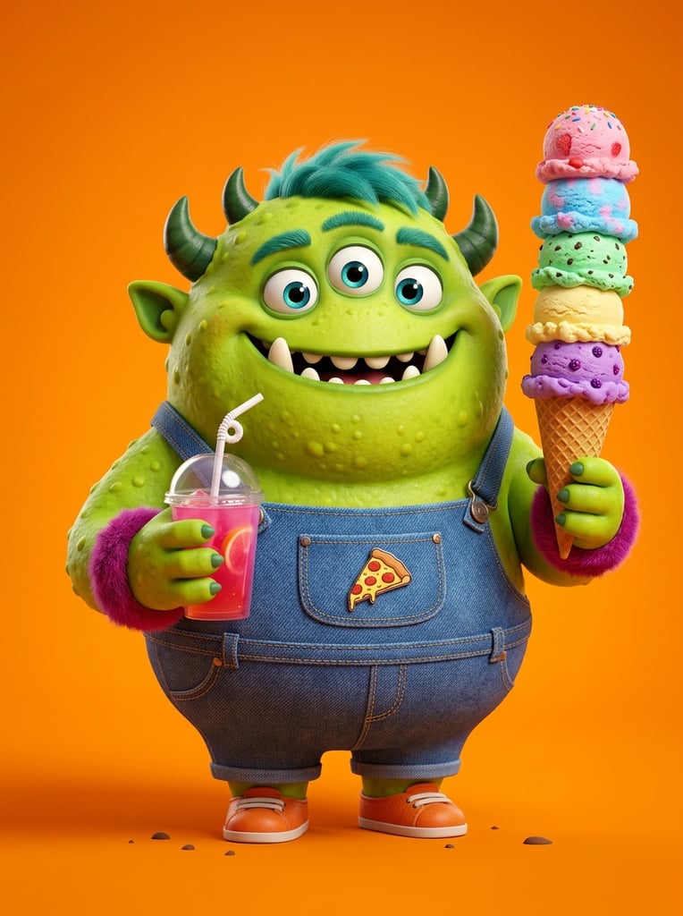 A rotund, lime-green monster stands against a seamless bright orange background. The 3D-rendered creature features three blue eyes, four small horns, a wide toothy smile with lower fangs, teal hair, and glossy, bumpy skin. It wears textured blue denim overalls decorated with a pizza slice pin and fluffy magenta wrist cuffs. The right hand balances a towering waffle cone stacked with five vibrant, multi-colored ice cream scoops. The left hand grasps a plastic cup with a dome lid, a straw, and a pink beverage. Bright studio lighting highlights the highly saturated color palette, playful proportions, and intricate material finishes.