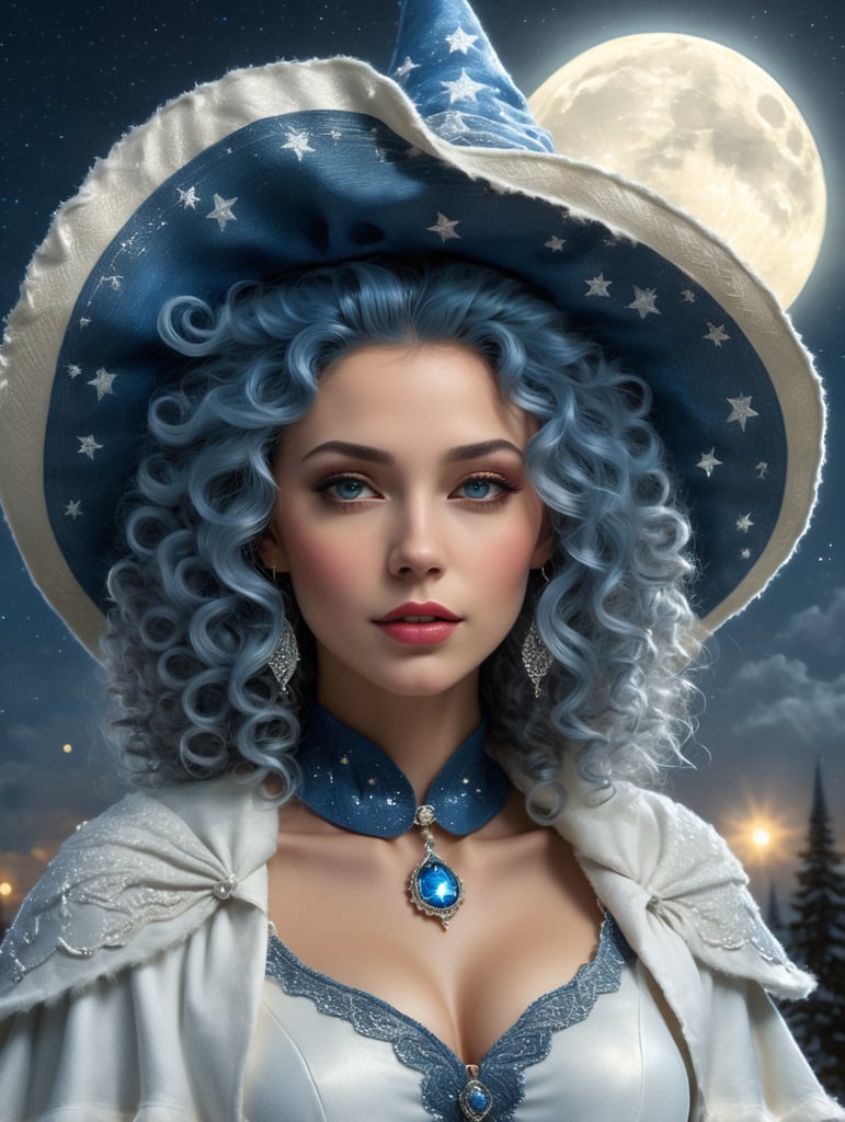 woman with blue curly hair, big white witch hat, white vintage sweater, gray bearskin cape, blue eyes, big full moon in the background, night with stars