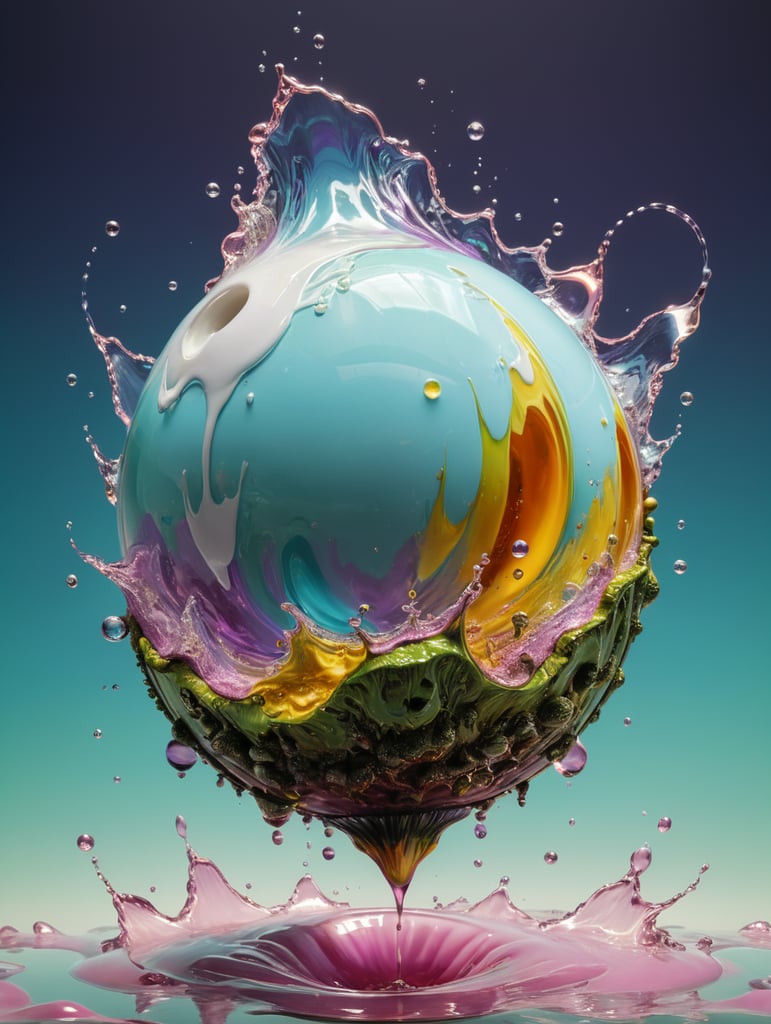 a singular object, floating in mid air, trippy, looks like a ball of liquid porcelain, gloss, shine, otherworldly, nature, photorealism, y2k, rave, plain light blue colour background, light green, pinks, purple, yellow