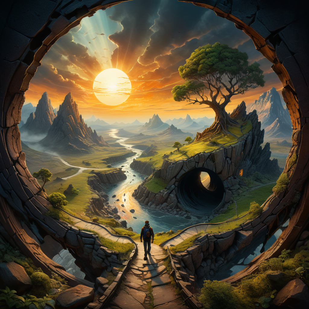 a surreal artwork that depicts a scene within a cracked open half-circular world. The edge of the circle is decorated with rocks and a tree that grows out of the sides.. A person is walking on a winding path towards the horizon where the sun is setting or rising. It seems to be an artistic expression of the contrast between reality and fantasy, or the journey towards an unknown destination.