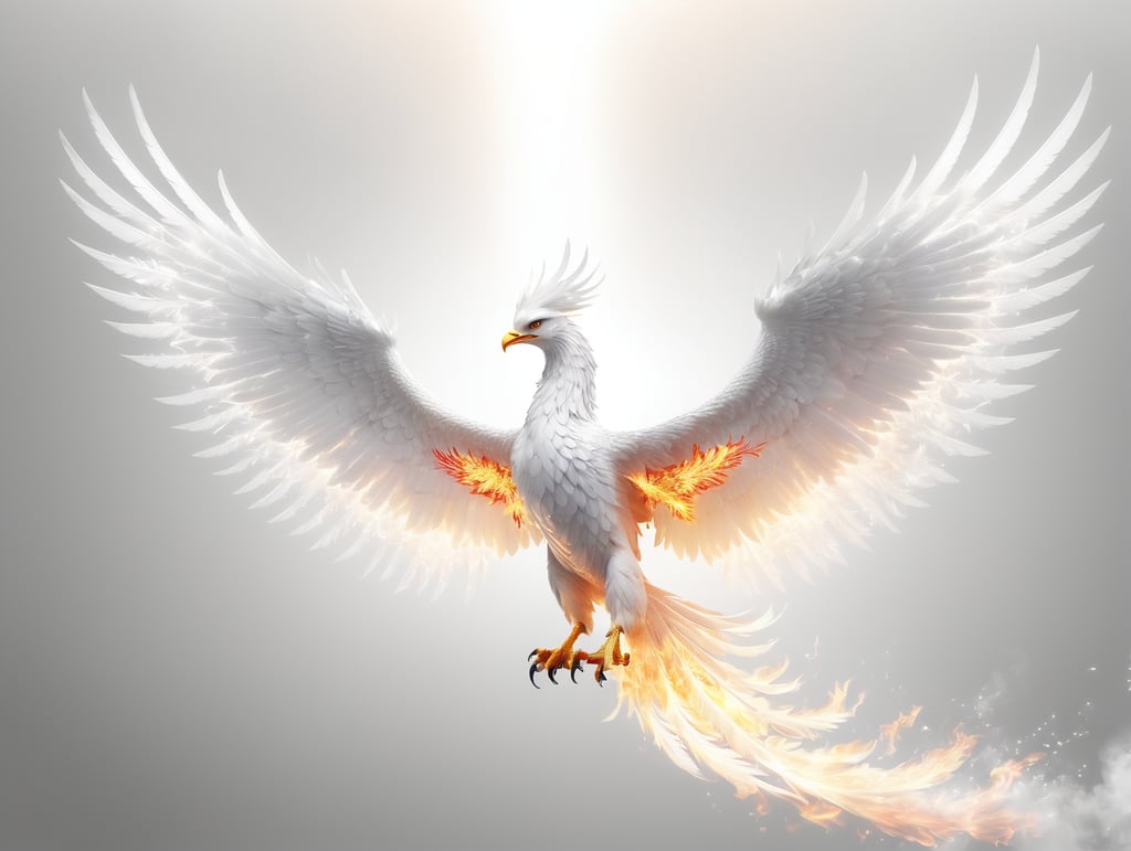 Fire phoenix bird with fiery wings, digital elements, computer symbols flies away from the wings. On a dark background.