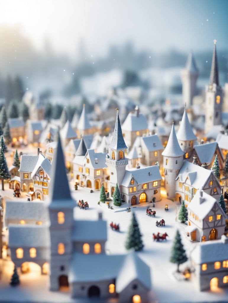 tilt shift photography of a Christmas medieval fantasy miniature city, depth of view, sunny, at night, snowy weather