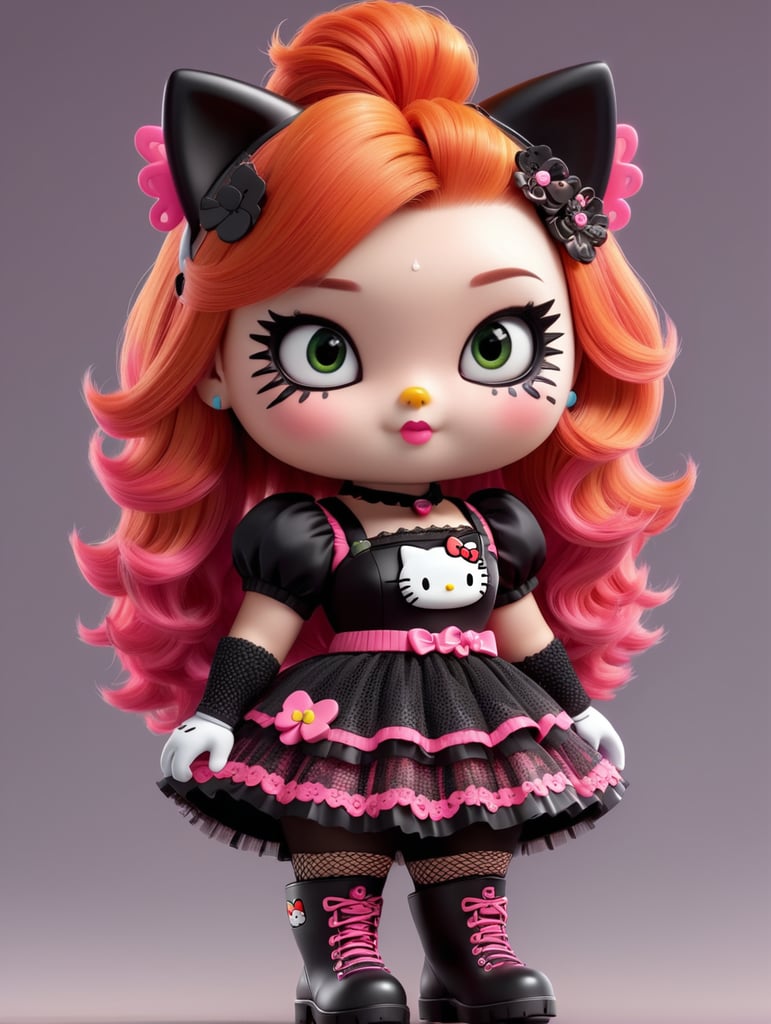 3d hello kitty with half black half ginger hair with fringe, emo makeup with fake eyelashes, black dress, fishnets and heavy boots