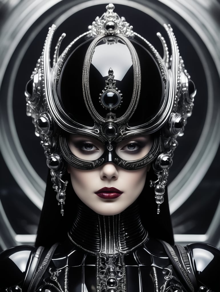 h.r. giger humanoid octoupus king-queen with crown futuristic glass black suit elegant scene futuristic glass design glass melting mask traslucent half mask glass vr and helmet fashion photography, sharp, small spheres floating background, editorial photography