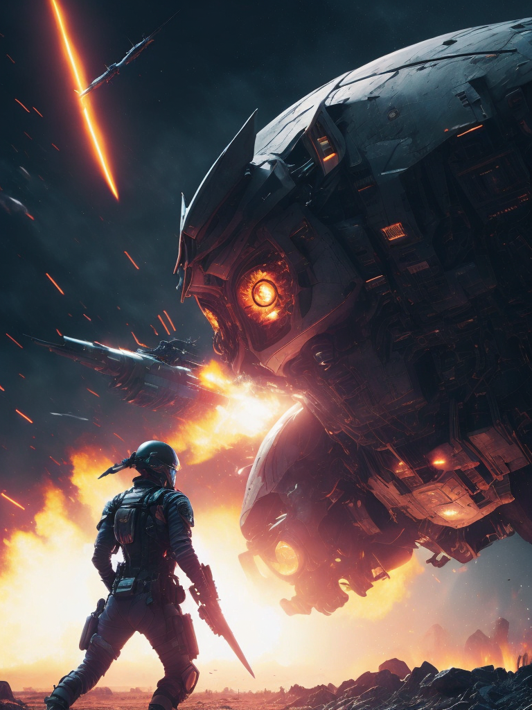 Illustrate a futuristic sci-fi battle scene with advanced technology and epic explosions