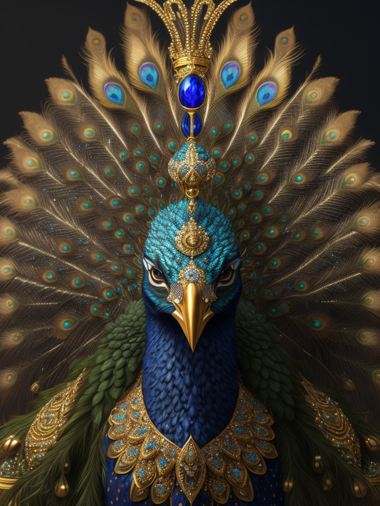 Magical king peacock wearing expensive jewelry that is magnificent, incredibly detailed, intricate, with brilliant bright shimmering sparkling glittering diamonds on glowing shining precious luminous gold, Royal rich luxurious