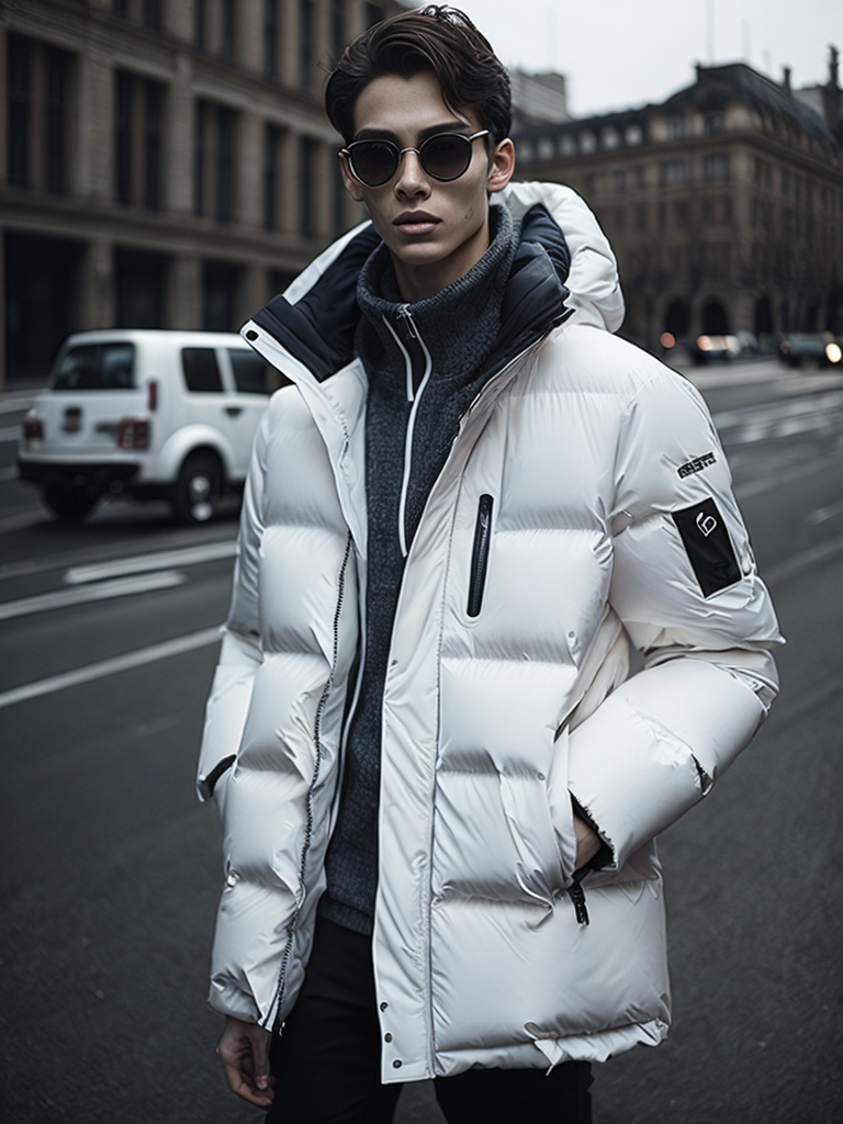Arkady Ukupnik as Balenciaga model in a huge white down jacket, high definition, photography, cinematic, detailed character portrait, detailed and intricate environment, detailed and intricate environment. Arkady Ukupnik as Balenciaga model in a huge white down jacket, high definition, photography, cinematic, detailed character portrait, detailed and intricate environment, detailed and intricate environment.