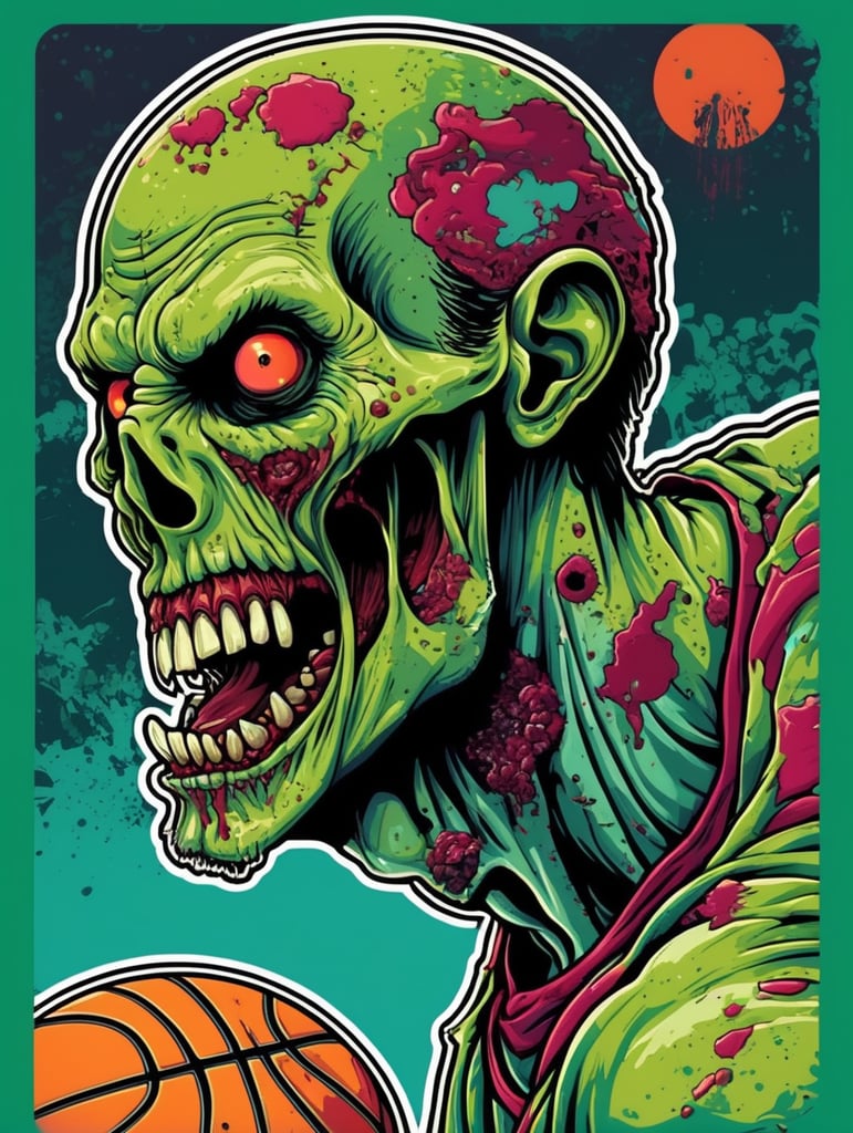 Pop art illustration, sticker, zombie basketball