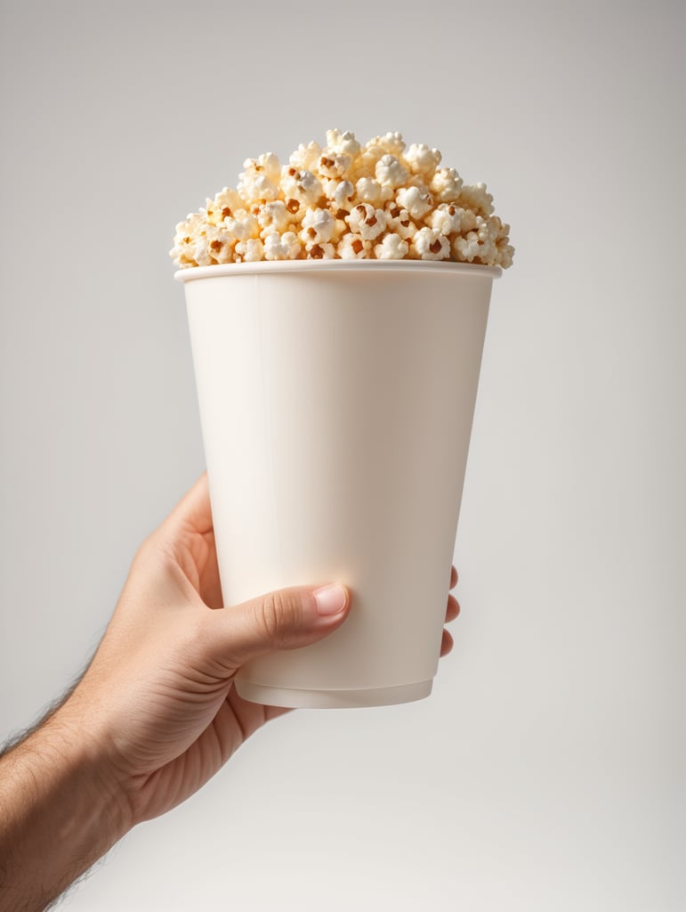A cartoon hand is holding a popcorn cup, cartoon, 3d render, soft light, white background