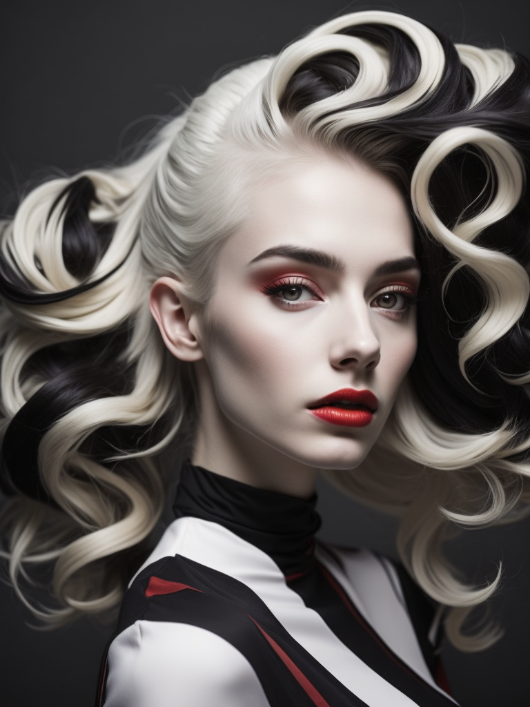 Pale-skinned girl model, wearing a black and white striped dress with a high collar, contrast lighting, Bright red make-up, Black and white curly long hair, dark background, fashion model, magazine cover, professional shot,