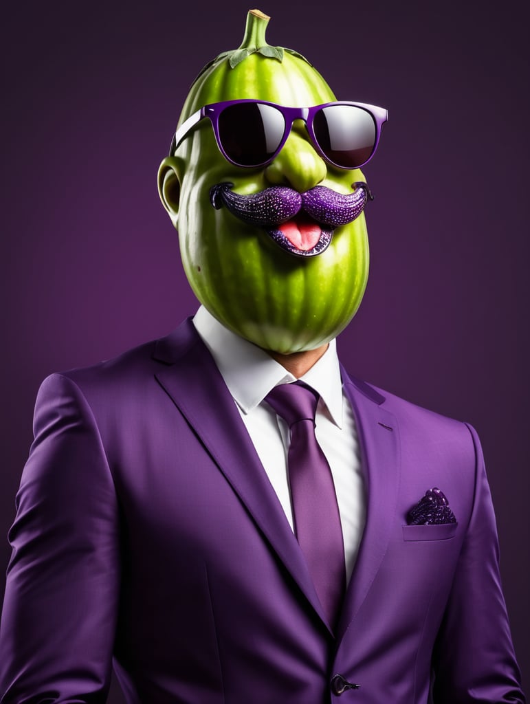 A man in a business suit with a eggplant for a head, dark purple background, sunglasses, isolated