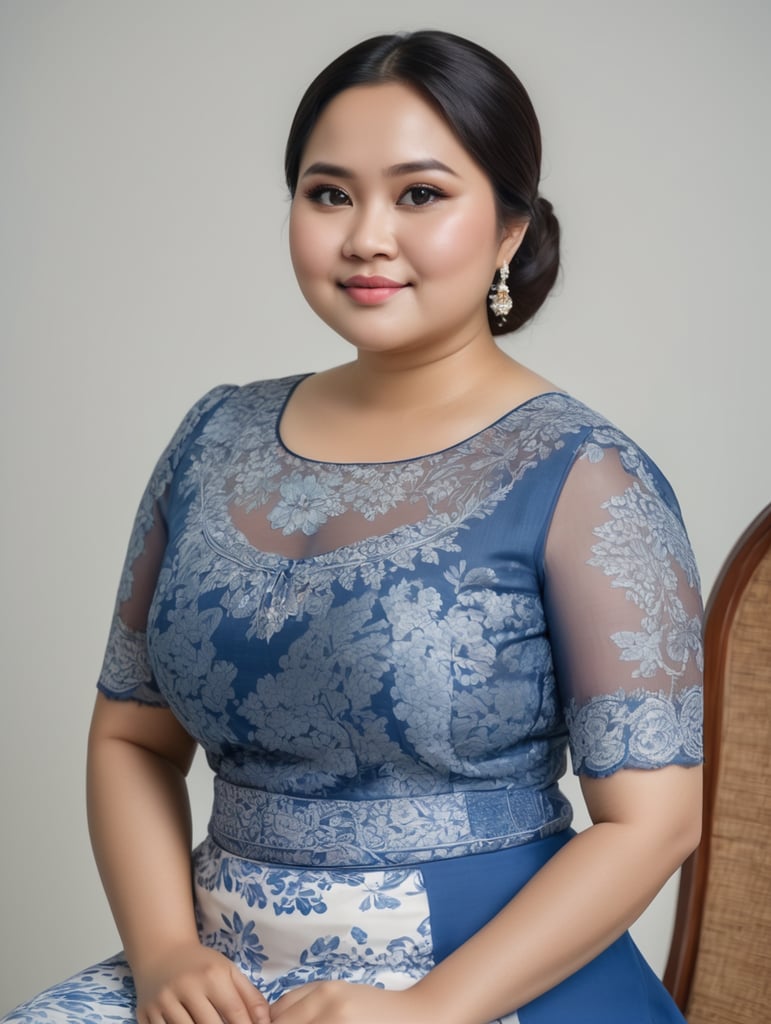 An Indonesian woman is slightly fat, chubby cheeks, flat nose, Slightly oval face shape,wearing a kebaya Blue ,No make up, white skin,Wearing a batik skirt