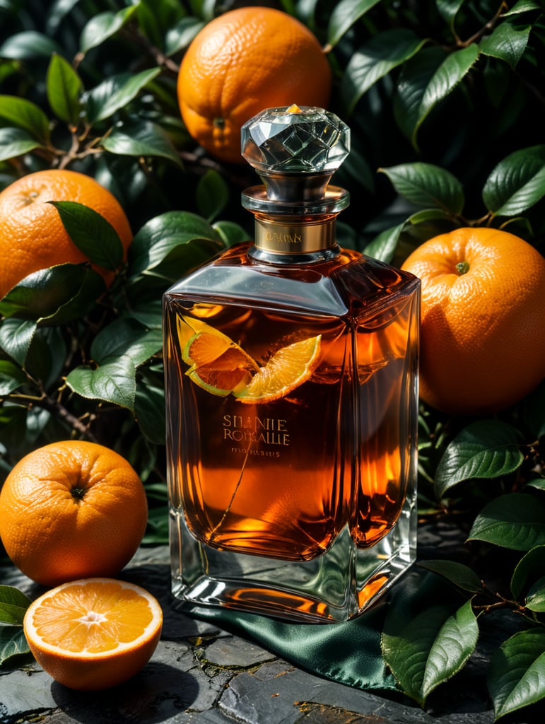 professional photography of a luxury perfume, orange fruits around, orange forest, green satin scarf, no label, clear, mockup