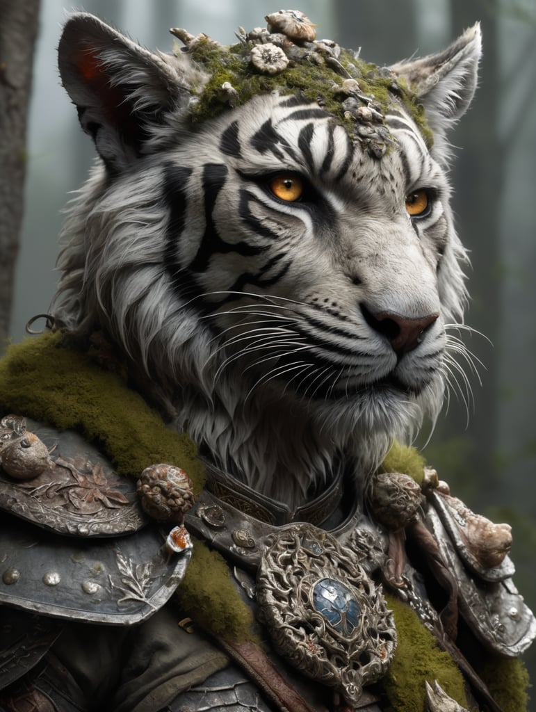 Style-SwampMagic Evil Undead tabaxi Zombie female mottled gray and rotting furred Undead tabaxi Zombie tiger, up close, from the side,, wearing tattered robes covered in patches of moss and lichen, holding a gnarled staff adorned with mushrooms and bone, realistic render, Dungeons and Dragons, Fantasy, octane render, zbrush. Character design, photorealistic, unreal engine, hyper-detailed, concept art, trending on art station. ((best quality)), ((masterpiece)), ((realistic)), (detailed), close up portrait, full body portrait, clouded pale eyes, wearing tattered robes, highly detailed fur, holding a gnarled staff adorned with mushrooms and bone, looking at the viewer, Fantasy art, stunning gradient colors, no watermark signature,