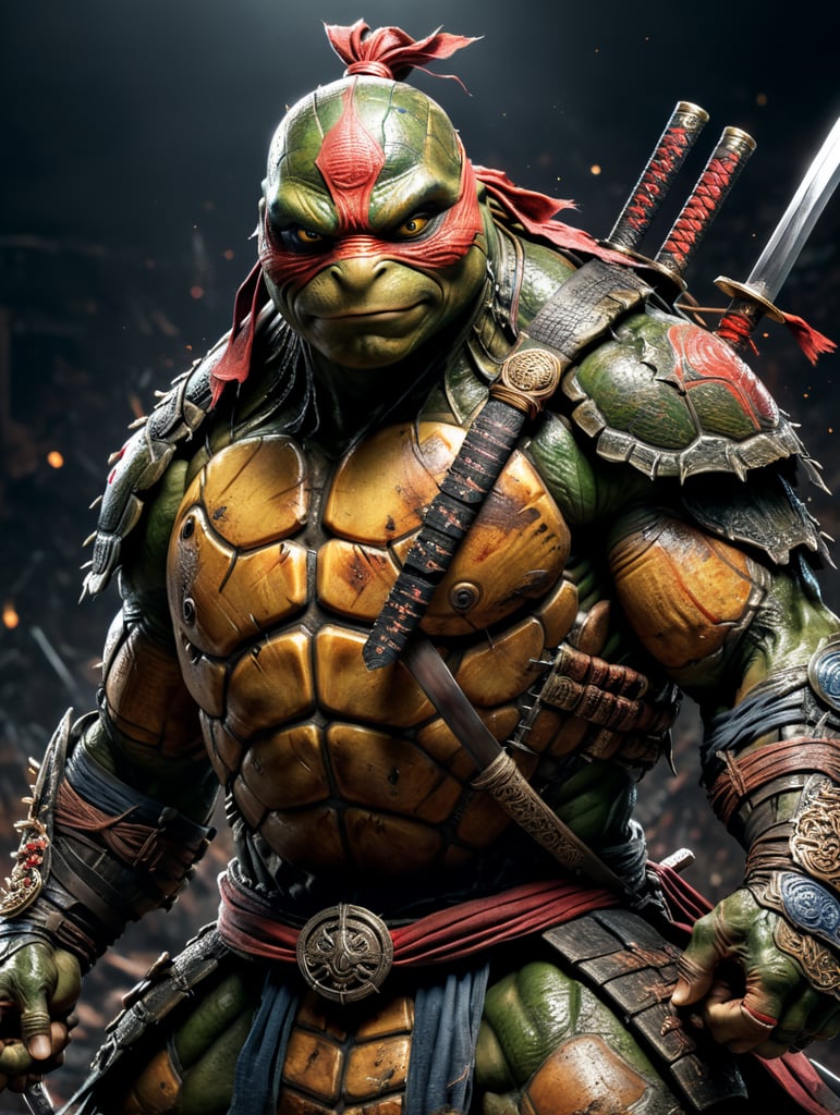 Ripped ninja turtle with samurai swords in hands