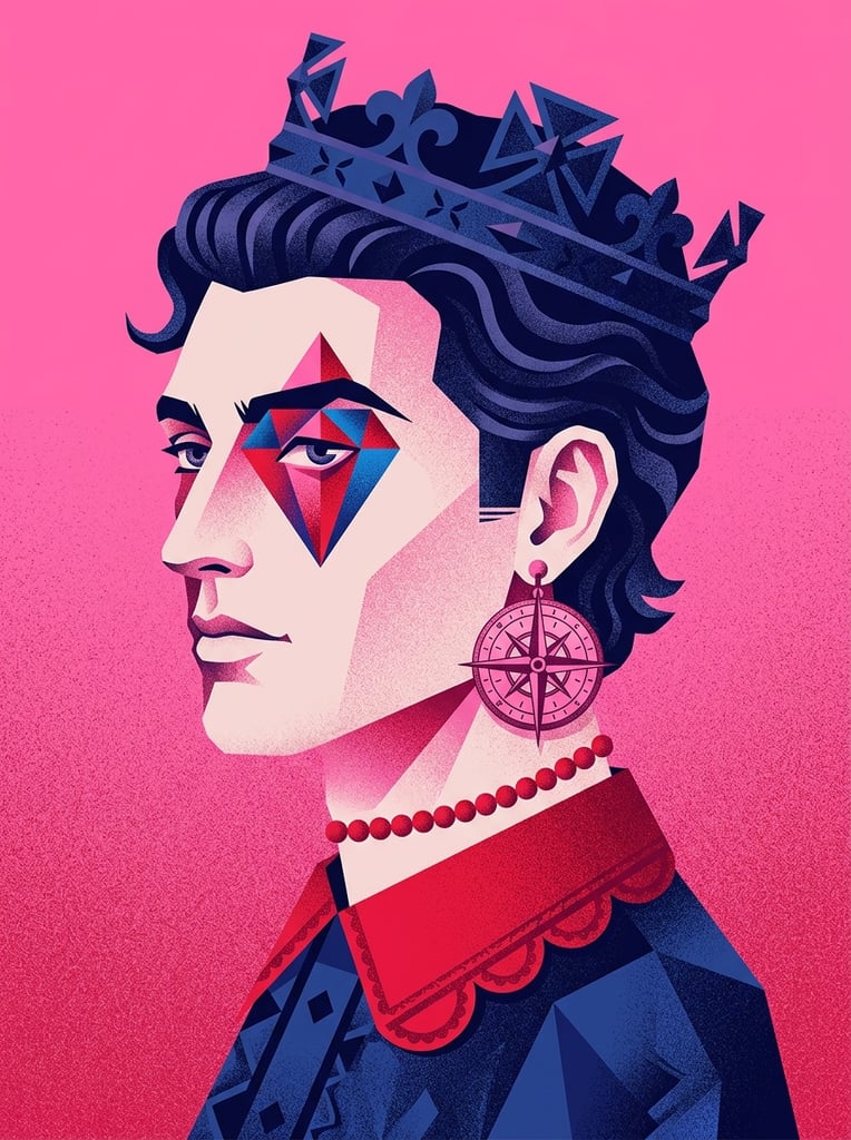 Profile portrait of a regal man facing left, solid pink background, dark blue geometric crown, red and blue diamond covering the eye, pink compass rose earring, dark wavy hair, pale skin, stippled gradient texture, red beaded choker, scalloped red collar, dark blue shirt, geometric vector illustration, surreal pop art, heavy grain